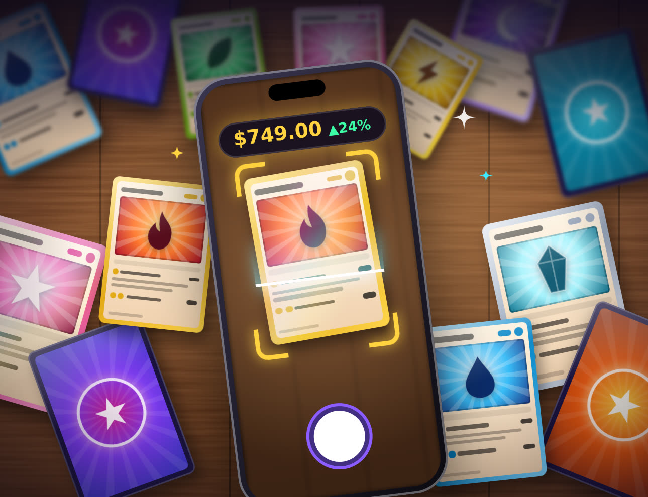 A phone scanning a trading card on a wooden table full of cards